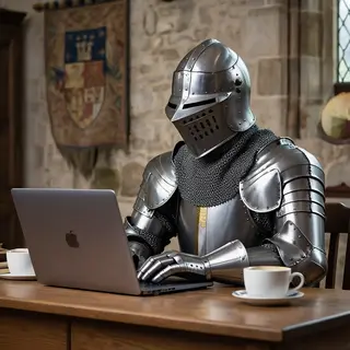 A medieval knight in full armor sitting at a desk typing on 