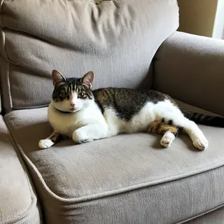 A cat lying on a couch without a collar