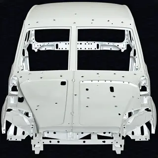 A car body with windows, doors, and headlights but no wheels