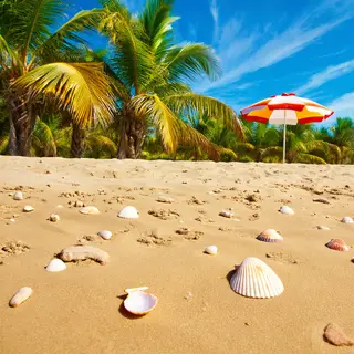 A sandy beach with palm trees, seashells, and a beach umbrel