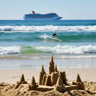 A beach scene with a sandcastle in the foreground, a surfer 