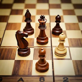 Five chess pieces on a board: a king in the center, a queen 