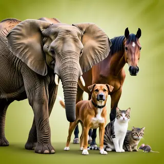 A group photo of an elephant, a horse, a dog, a cat, and a m