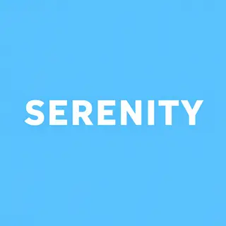 The word 'SERENITY' written large and centered on a solid li