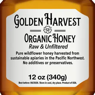 A product label for 'GOLDEN HARVEST ORGANIC HONEY' with subt