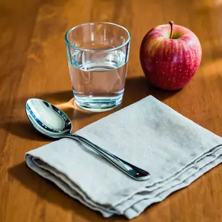 A still life on a wooden table featuring a clear glass of wa