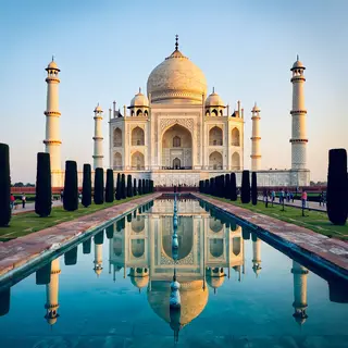 The Taj Mahal in Agra seen from the reflecting pool, with ac
