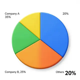 A pie chart showing market share: Company A 35%, Company B 2