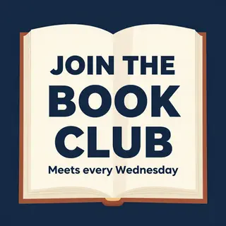 A book club poster with an open book illustration, the title