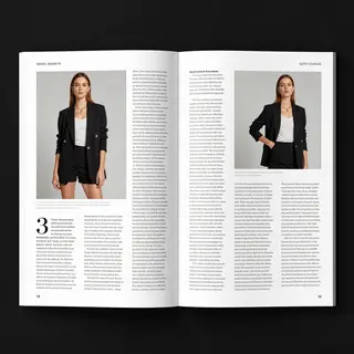 A fashion magazine spread with a full-bleed left-page photo,