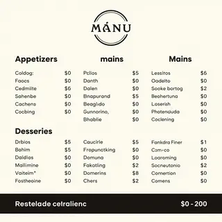 A restaurant menu layout with a logo header, three category 