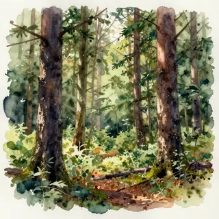 A forest rendered in photorealistic watercolor — the detail 