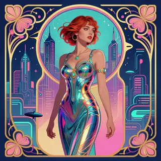 A woman in a futuristic city rendered in cyberpunk Art Nouve