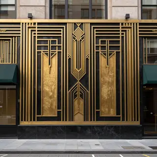 A city street scene in the style of Art Deco — geometric sha