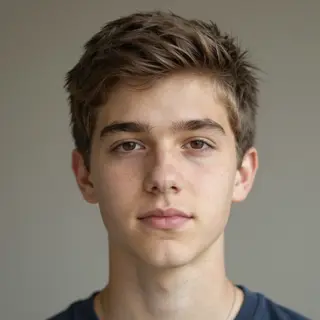 A headshot of a teenager with a relaxed, neutral face