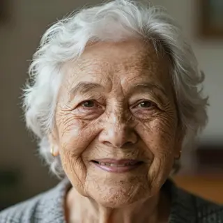 An elderly woman in her 80s with deep wrinkles and white hai