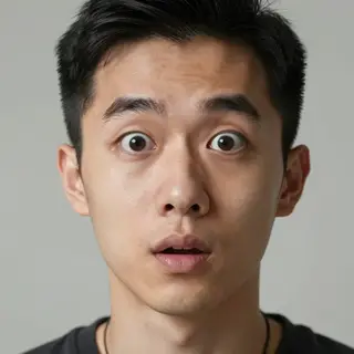 A portrait capturing genuine surprise — raised eyebrows, wid