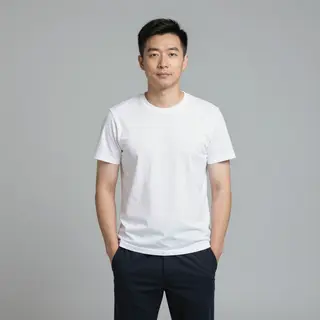 A man standing straight facing the camera, hands in pockets,