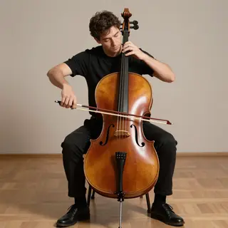 A cellist seated with correct posture, legs around the instr