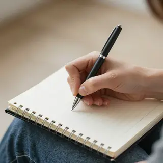 A woman writing in a notebook with a pen gripped correctly i