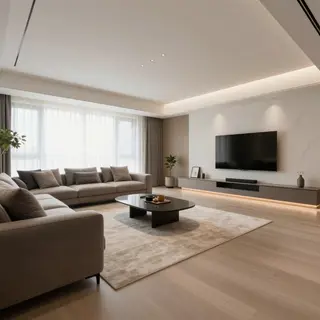 A wide-angle shot of a modern living room interior showing e