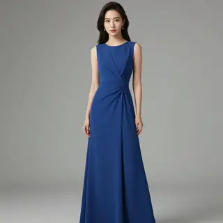 A woman wearing a royal blue evening dress against a neutral