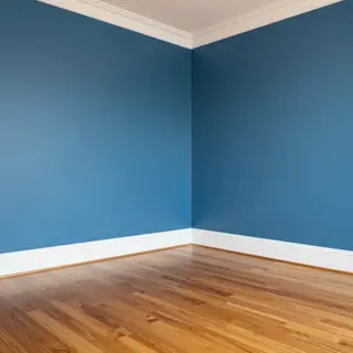 A room with walls in #4A90D9 (medium blue) with warm wooden 