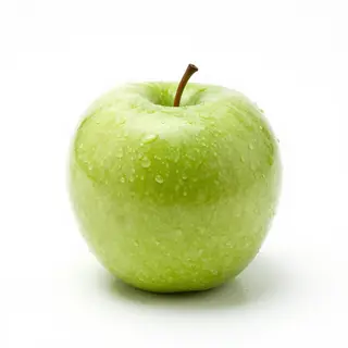 A ripe green apple on a seamless white background with soft 