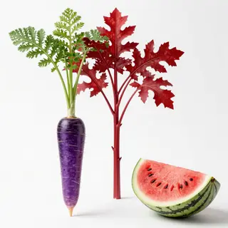 A purple carrot, a red tree with red leaves, and a white wat