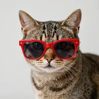A tabby cat wearing oversized red sunglasses