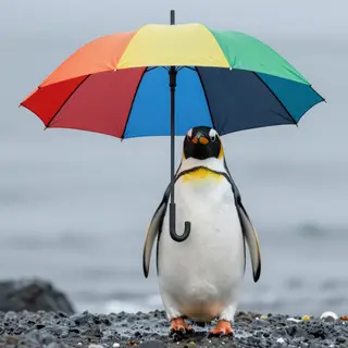A penguin holding a colorful umbrella