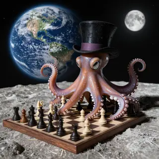 An octopus wearing a top hat and monocle playing chess on th
