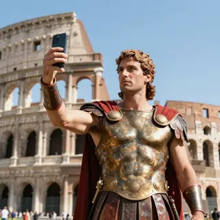 A Roman gladiator taking a selfie with a smartphone in the C