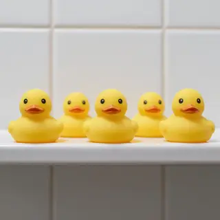 Exactly 5 yellow rubber ducks sitting in a row on a bathroom
