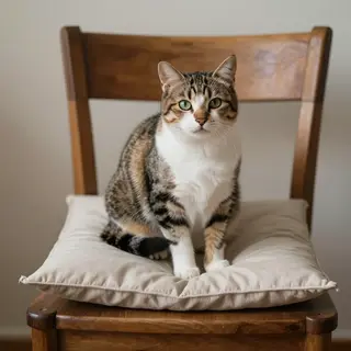A cat sitting on a pillow, the pillow placed on a wooden cha