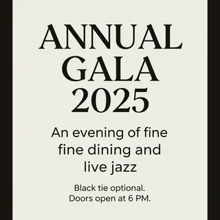 An event banner with headline 'ANNUAL GALA 2025' at the top 
