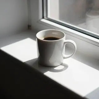 A coffee mug on a sunny windowsill casting a sharp shadow to