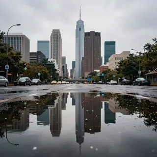A city skyline reflected in a rain puddle on a street, with 