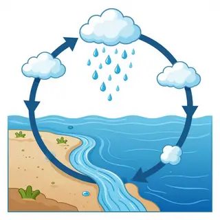 A detailed diagram of the water cycle showing evaporation fr