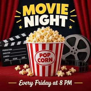 A movie night poster with a large popcorn image in the cente