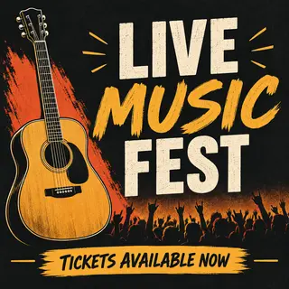 An event poster featuring a guitar illustration, the headlin