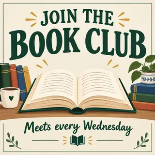 A book club poster with an open book illustration, the title