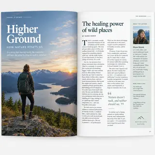 A magazine double-page spread with a left page containing a 