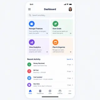 A mobile app UI mockup showing a dashboard with a top naviga