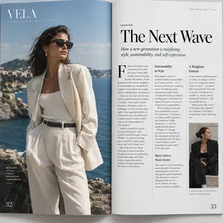 A fashion magazine spread with a full-bleed left-page photo,