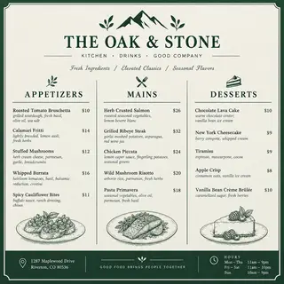 A restaurant menu layout with a logo header, three category 