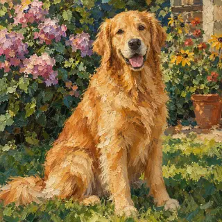 A golden retriever sitting in a garden, painted in the style