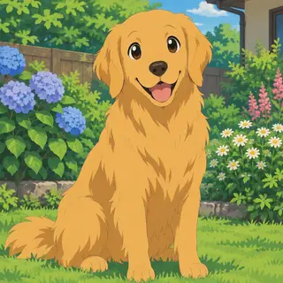 A golden retriever sitting in a garden, rendered in Japanese