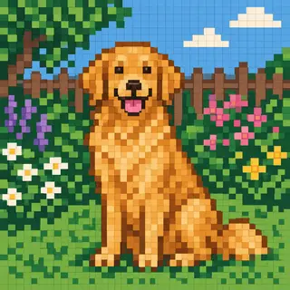 A golden retriever sitting in a garden, rendered in pixel ar