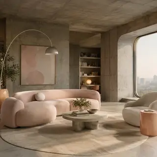 An interior scene rendered in soft brutalism — raw concrete 